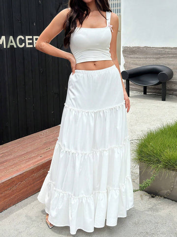 Solid Color Ruched Splice A-Line Skirt, Casual & Holiday