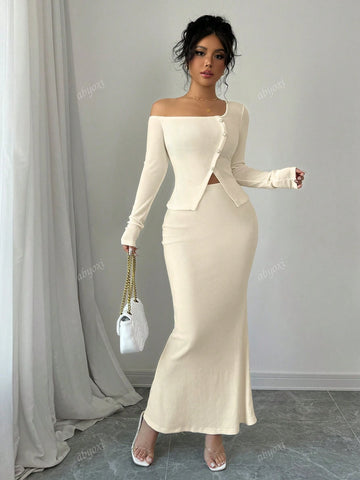 Solid Color Sexy Irregular Neck One Shoulder Button Up Sleeveless Slim Fit Top And Mermaid Hem Skirt Two Piece Set,Elegance And Fashion,2pcs Set,2024 Autumn And Winter New Women's Clothing