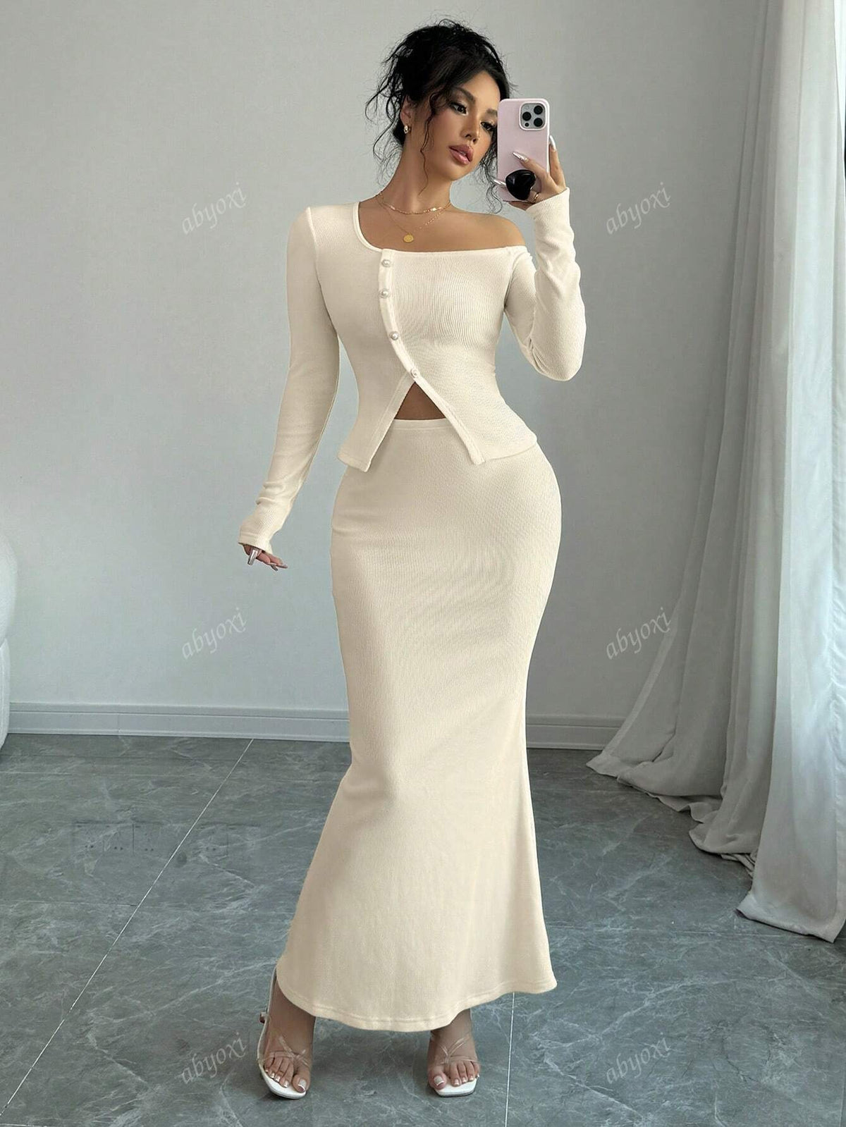 Solid Color Sexy Irregular Neck One Shoulder Button Up Sleeveless Slim Fit Top And Mermaid Hem Skirt Two Piece Set,Elegance And Fashion,2pcs Set,2024 Autumn And Winter New Women's Clothing