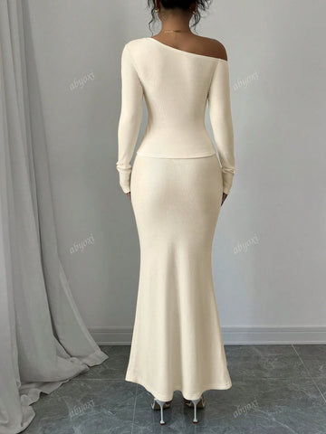 Solid Color Sexy Irregular Neck One Shoulder Button Up Sleeveless Slim Fit Top And Mermaid Hem Skirt Two Piece Set,Elegance And Fashion,2pcs Set,2024 Autumn And Winter New Women's Clothing