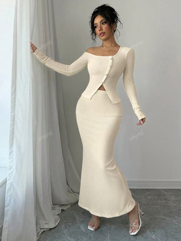 Solid Color Sexy Irregular Neck One Shoulder Button Up Sleeveless Slim Fit Top And Mermaid Hem Skirt Two Piece Set,Elegance And Fashion,2pcs Set,2024 Autumn And Winter New Women's Clothing