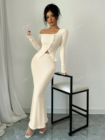 Solid Color Sexy Irregular Neck One Shoulder Button Up Sleeveless Slim Fit Top And Mermaid Hem Skirt Two Piece Set,Elegance And Fashion,2pcs Set,2024 Autumn And Winter New Women's Clothing