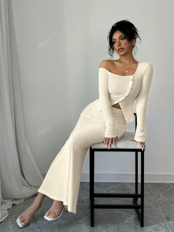 Solid Color Sexy Irregular Neck One Shoulder Button Up Sleeveless Slim Fit Top And Mermaid Hem Skirt Two Piece Set,Elegance And Fashion,2pcs Set,2024 Autumn And Winter New Women's Clothing