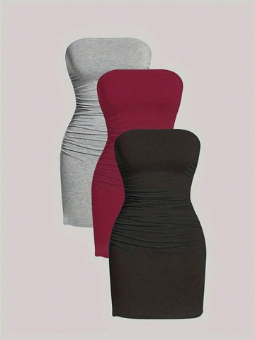 Solid Color Side Pleated Bodycon Dress