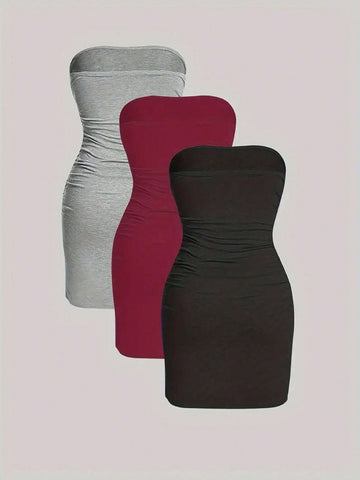 Solid Color Side Pleated Bodycon Dress