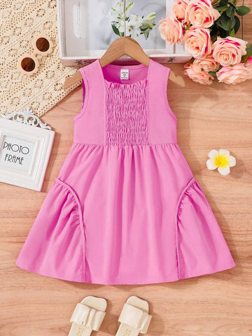Solid Color Simple Pleated Sleeveless Dress For Young Girls