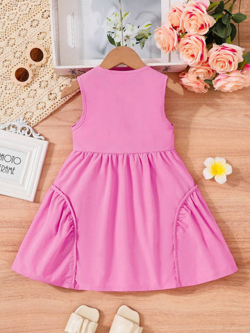 Solid Color Simple Pleated Sleeveless Dress For Young Girls
