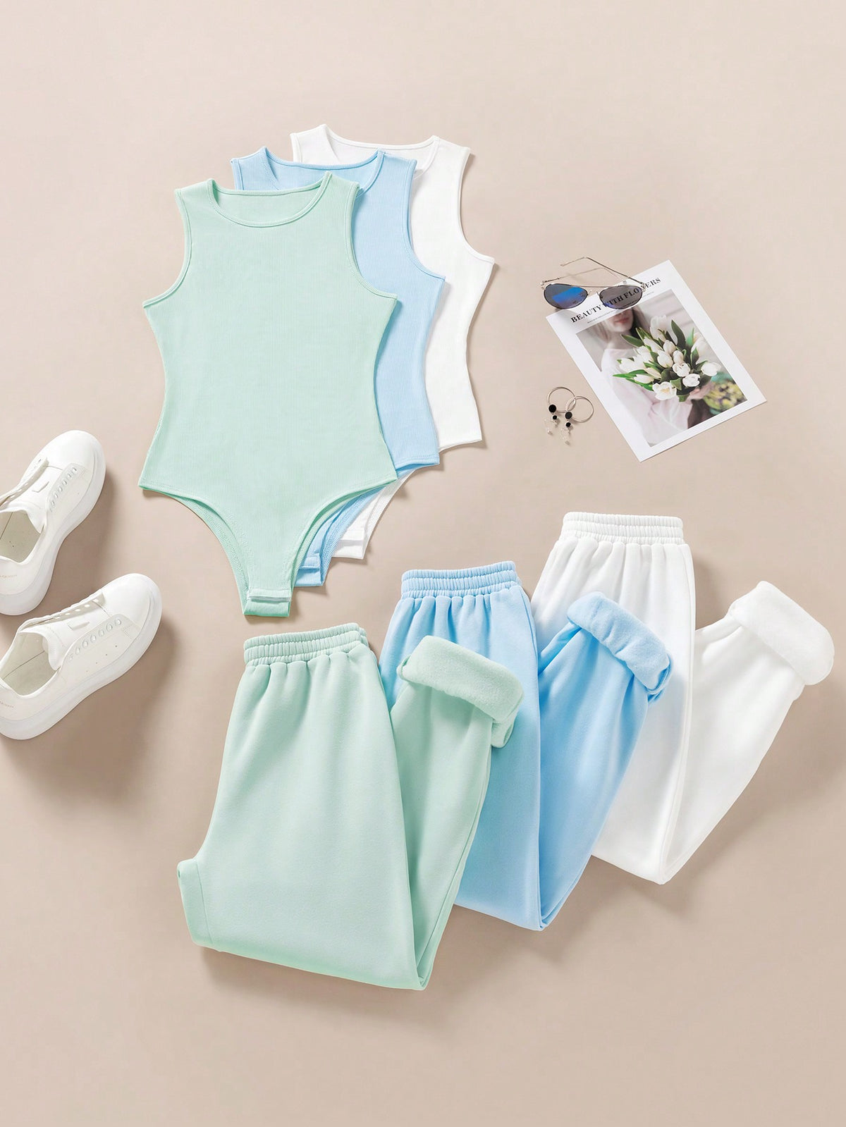 Solid Color Sleeveless Bodysuit With Pants Set