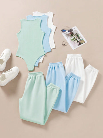 Solid Color Sleeveless Bodysuit With Pants Set