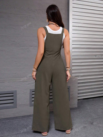 Solid Color Sleeveless Loose Casual Jumpsuit With Pockets