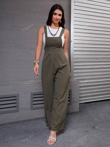 Solid Color Sleeveless Loose Casual Jumpsuit With Pockets