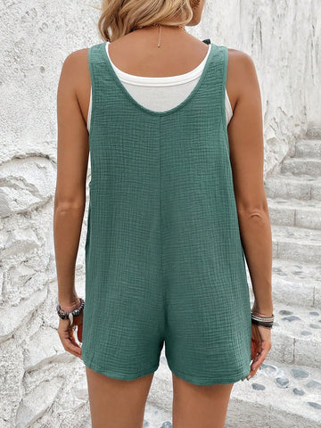 Solid Color Sleeveless Romper With Dual Pockets