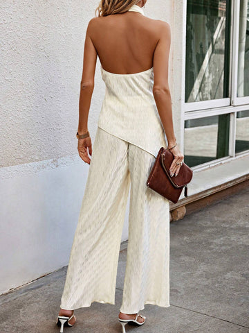 Solid Color Sleeveless Top With Textured Asymmetrical Hem And Wide Leg Pants Set