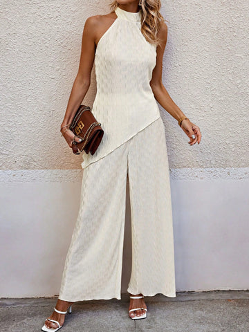 Solid Color Sleeveless Top With Textured Asymmetrical Hem And Wide Leg Pants Set