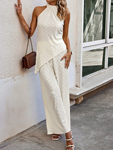 Solid Color Sleeveless Top With Textured Asymmetrical Hem And Wide Leg Pants Set