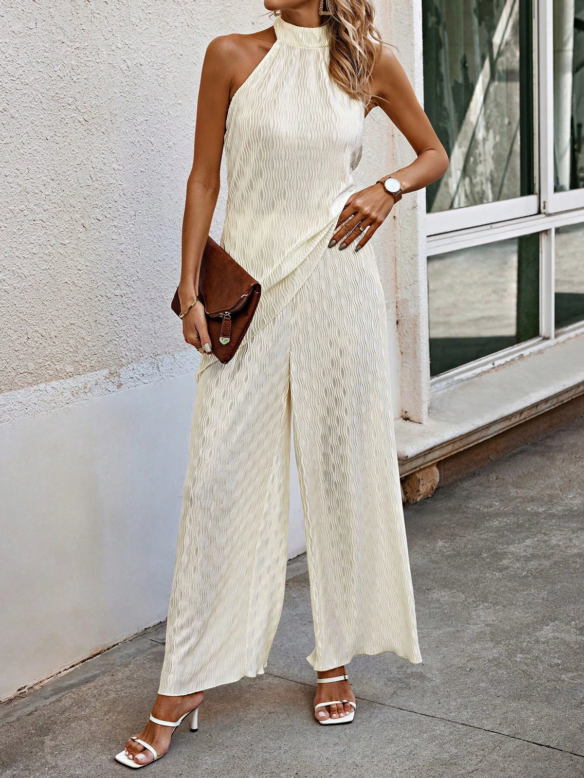 Solid Color Sleeveless Top With Textured Asymmetrical Hem And Wide Leg Pants Set