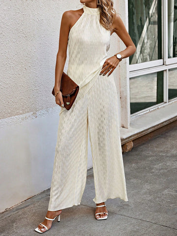 Solid Color Sleeveless Top With Textured Asymmetrical Hem And Wide Leg Pants Set