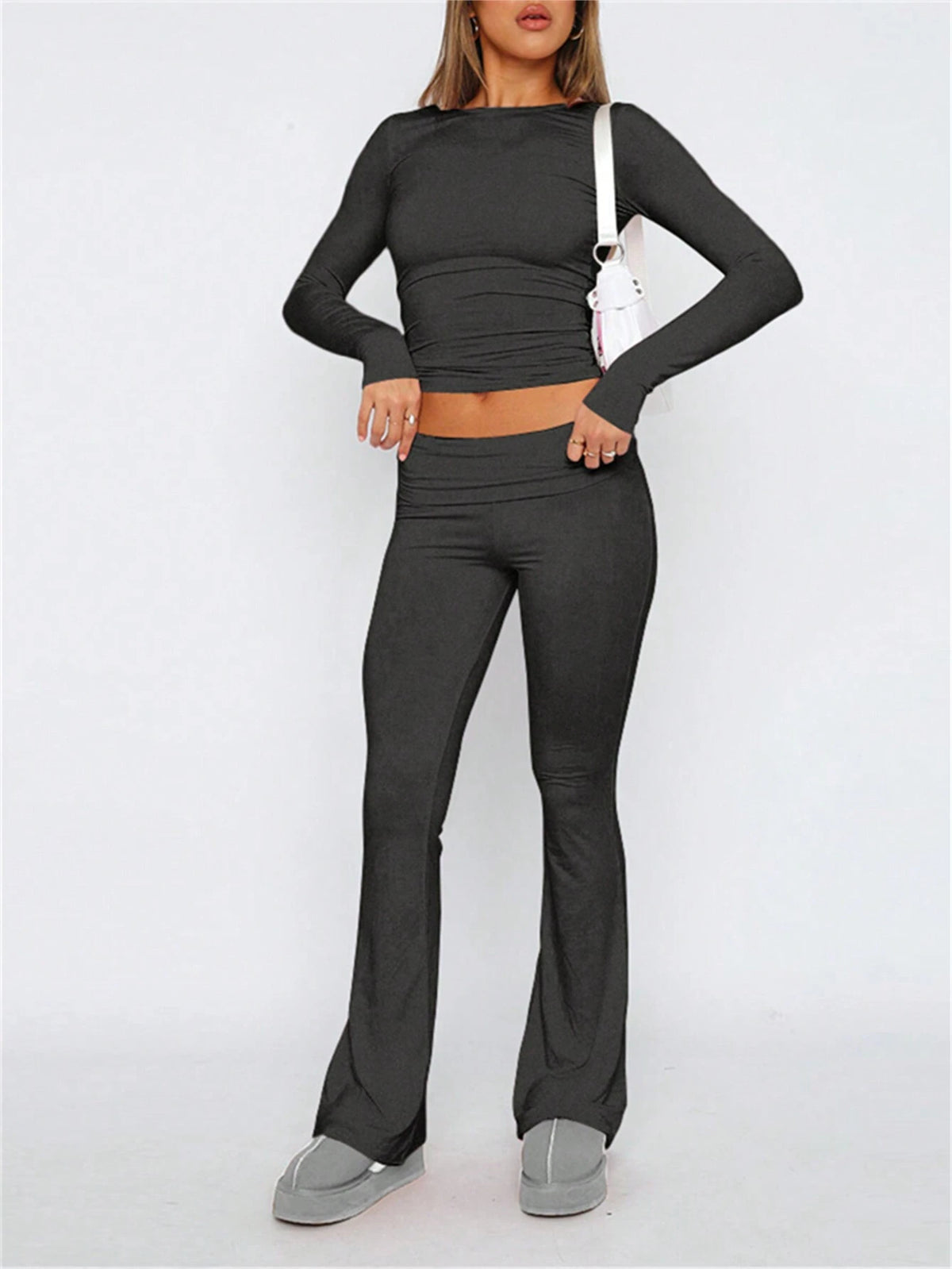 Solid Color Slim Fit Cropped Top And Pants Set