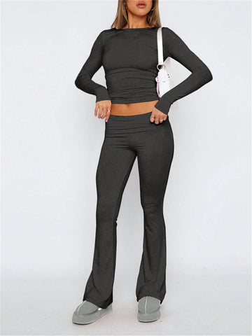 Solid Color Slim Fit Cropped Top And Pants Set