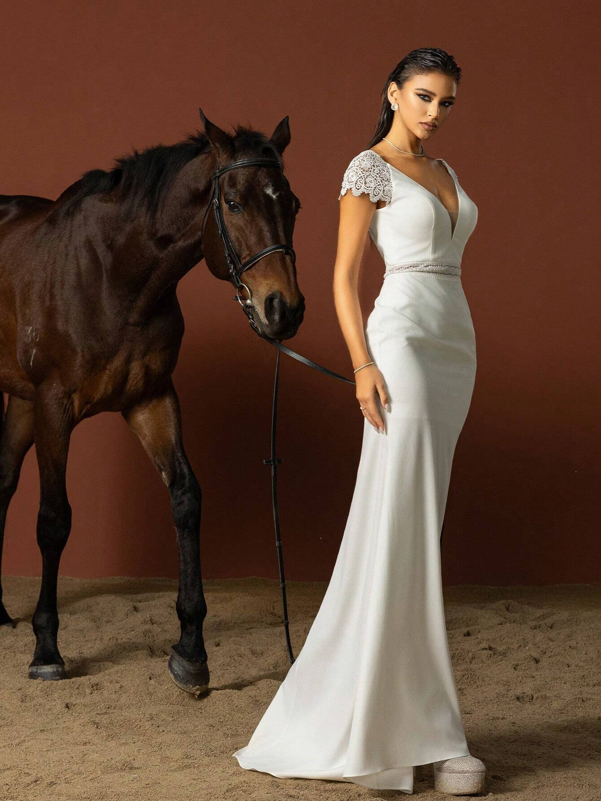 Solid Color Slim Fit Mermaid Wedding Dress With Lace Details And Train