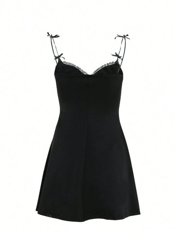 Solid Color Spaghetti Strap Lace Patchwork Simple Short Dress