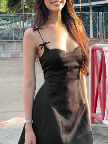 Solid Color Spaghetti Strap Lace Patchwork Simple Short Dress