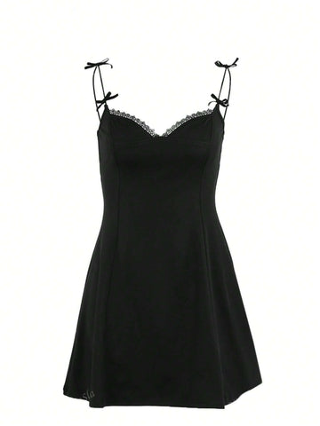Solid Color Spaghetti Strap Lace Patchwork Simple Short Dress