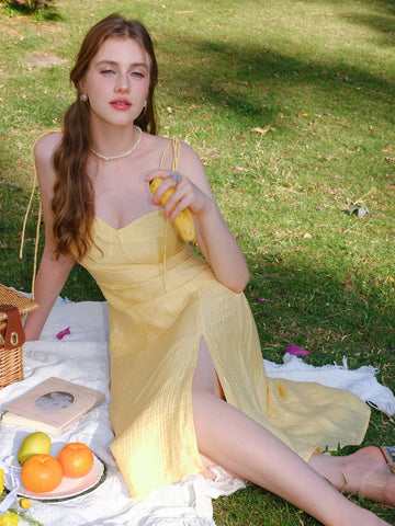 Solid Color Spaghetti Straps Slit Slip Dress