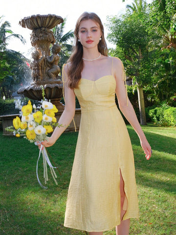 Solid Color Spaghetti Straps Slit Slip Dress