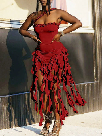 Solid Color Spider Lace Halter Neck Sexy Sleeveless Dress, Casual Vacation