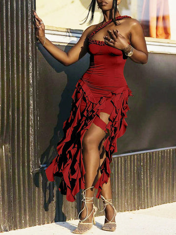 Solid Color Spider Lace Halter Neck Sexy Sleeveless Dress, Casual Vacation