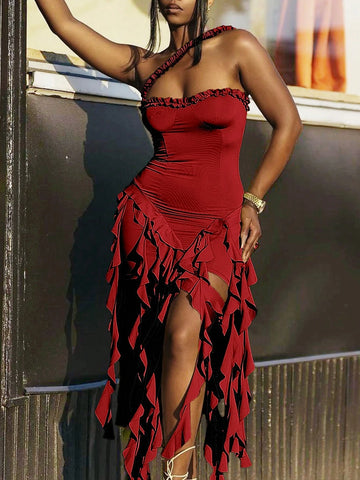 Solid Color Spider Lace Halter Neck Sexy Sleeveless Dress, Casual Vacation