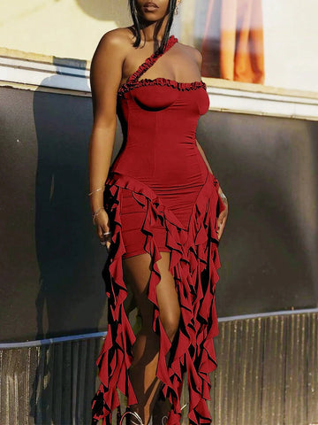 Solid Color Spider Lace Halter Neck Sexy Sleeveless Dress, Casual Vacation