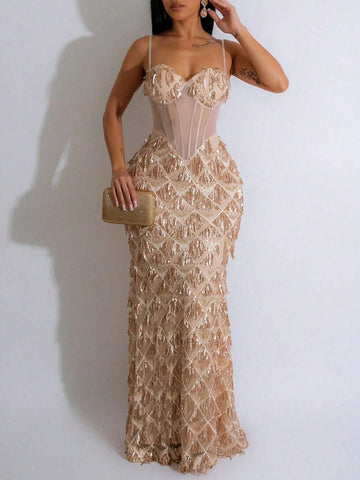 Solid Color Splice Mesh Fringe Glitter Cami Dress