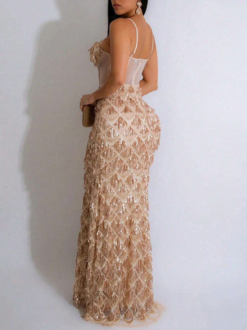 Solid Color Splice Mesh Fringe Glitter Cami Dress