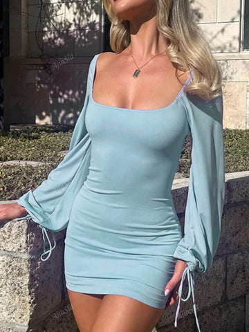 Solid Color Square Neck Elegant Backless Long Sleeve Basic Dress