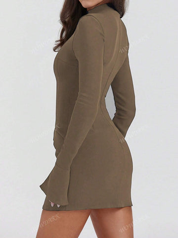 Solid Color Stand Collar Elegant Long Sleeve Bodycon Dress