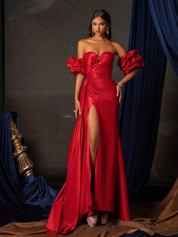 Solid Color Strapless Split Hem Waist Cinched Elegant Evening Dress