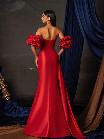 Solid Color Strapless Split Hem Waist Cinched Elegant Evening Dress