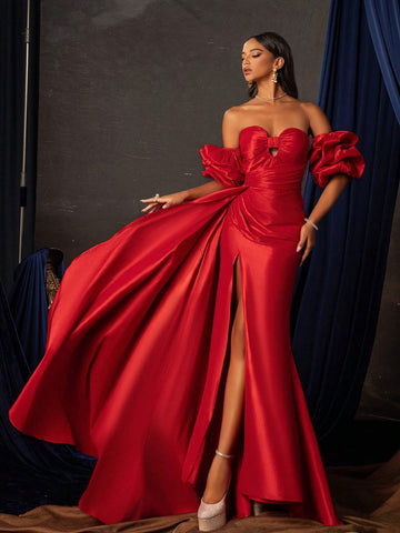 Solid Color Strapless Split Hem Waist Cinched Elegant Evening Dress