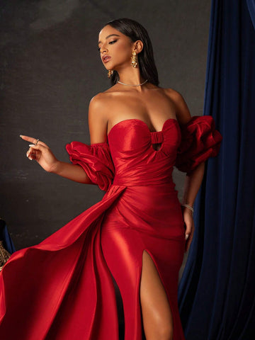 Solid Color Strapless Split Hem Waist Cinched Elegant Evening Dress