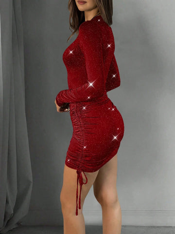 Solid Color Stretchy Side Drawstring Bodycon Long Sleeve Casual Dress