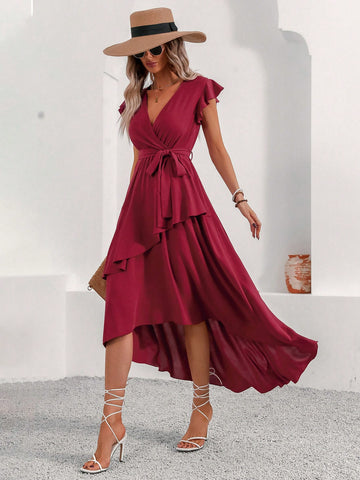 Solid Color Surplice Wrap Tie Waist Ruffle Hem Dress