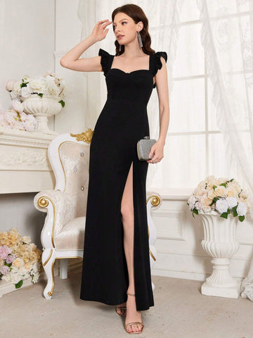 Solid Color Sweetheart Neckline Dress Embellished With Ruffles And Side Slit For Evening Party