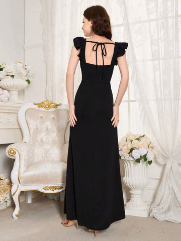 Solid Color Sweetheart Neckline Dress Embellished With Ruffles And Side Slit For Evening Party
