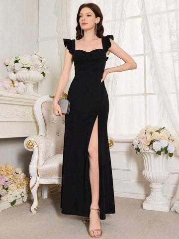 Solid Color Sweetheart Neckline Dress Embellished With Ruffles And Side Slit For Evening Party