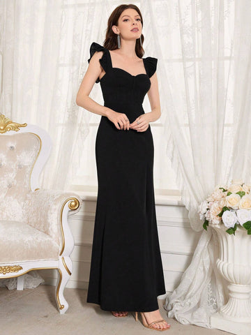 Solid Color Sweetheart Neckline Dress Embellished With Ruffles And Side Slit For Evening Party