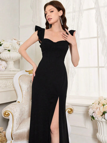 Solid Color Sweetheart Neckline Dress Embellished With Ruffles And Side Slit For Evening Party
