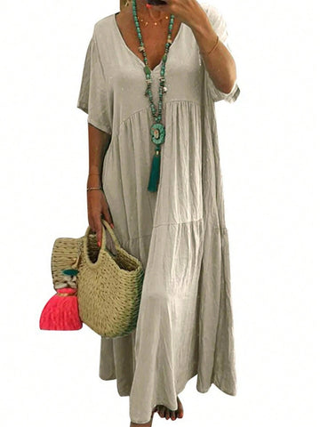 Solid Color Texture V-Neck Loose Dress