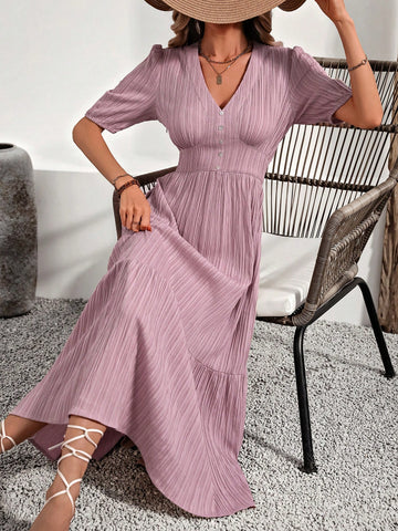 Solid Color Textured Empire Waist Dress With Ruffle Hem